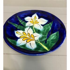 Hand Painted Mexican Ceramic Plate Floral Blue Green Pottery Decor